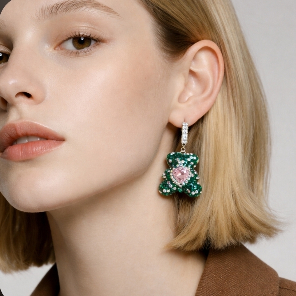 Teddy Bear Dangle Rhinestone Earrings